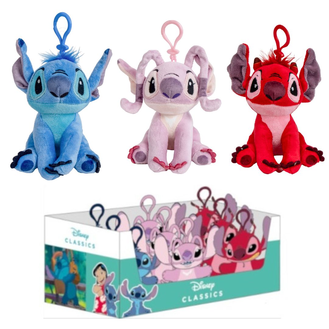 (Mis 0) DISNEY (STITCH-ANGEL-LEROY) Peluche Portachiavi 12,5cm c/Bagclip In espo da 16pz -3ass…x32